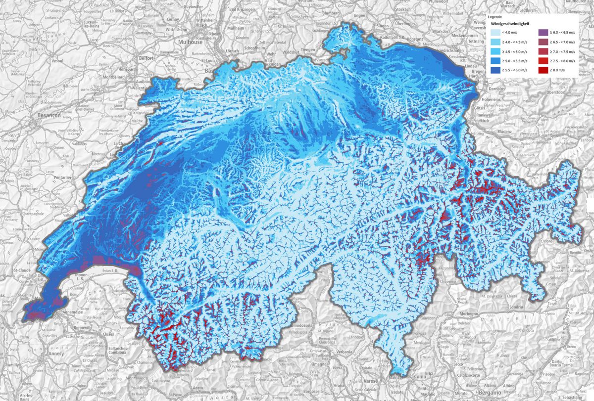 Windkarte Schweiz (Mittelwinde 100m über Grund) Quelle map.geo.admin.ch