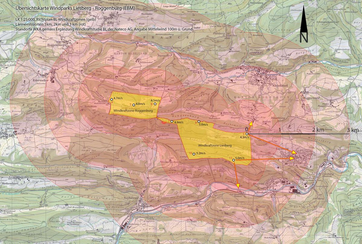 Lärmimmissionen Liesberg: Die roten Gebiete wären von erhöhten Lärmimmissionen betroffen (LK50 © swisstopo).