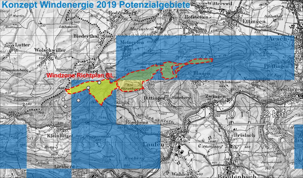 Konzept Windenergie 2019 Potenzialgebiete - Blauen/Chall (blaue Flächen)