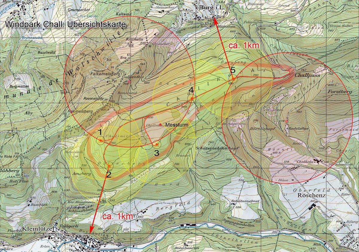 Karte des IWB-Projekts: Gelb sind die möglichen Gefahrenbereiche um die Anlagen dargestellt. Mit nur ca. 1 km stehen diese auch nicht sehr weit weg von Burg und Kleinlützel.