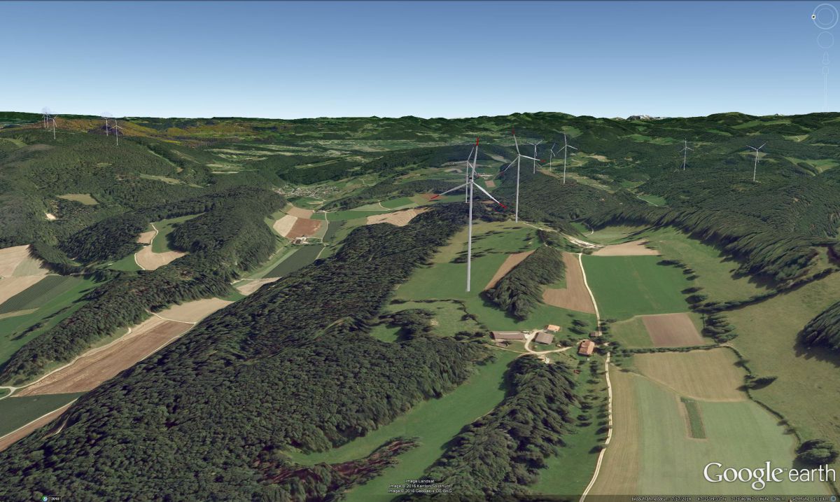 Windparks Liesberg (mitte) und Chall (links hinten), Visualisierung Wind-Still